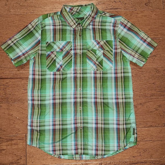 prAna Shirt Men's Medium Green Plaid Button Up Short Sleeve Pockets Hiking - Picture 1 of 8